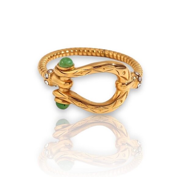 NWT Buckle Ring Sz.8 18K Gold Plated Green Zircon CZ Detail Boho Western - Picture 3 of 10